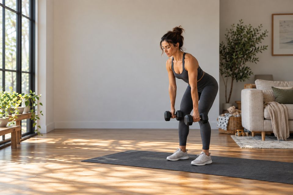Woman holding two distinct dumbbells in a controlled hinge at home