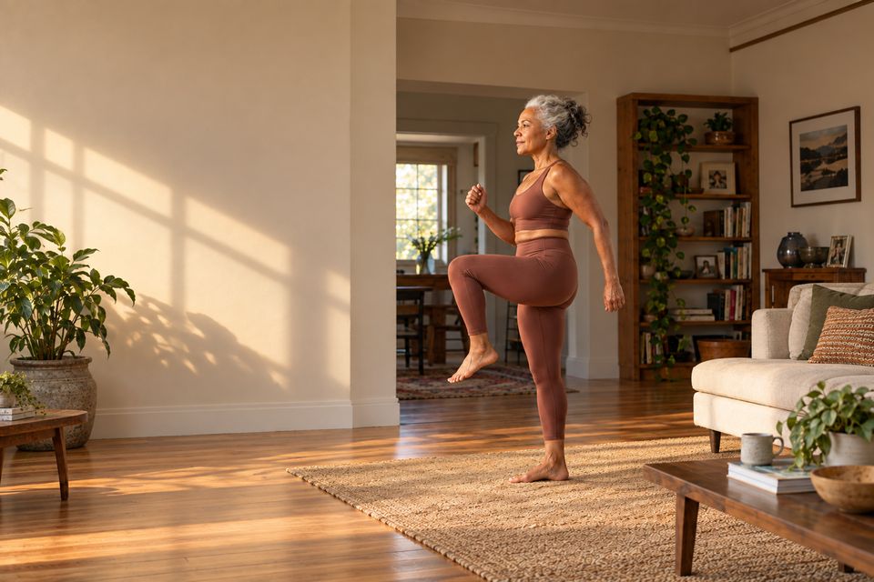Silver-haired woman doing a controlled bodyweight march in her living room