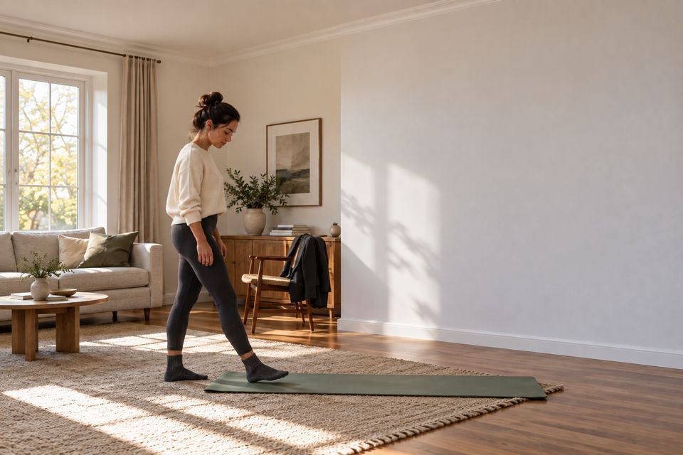 Woman stepping onto a mat between work and the rest of her day