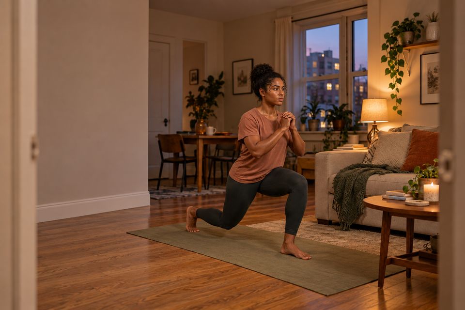 Woman training between the sofa and coffee table in a small apartment
