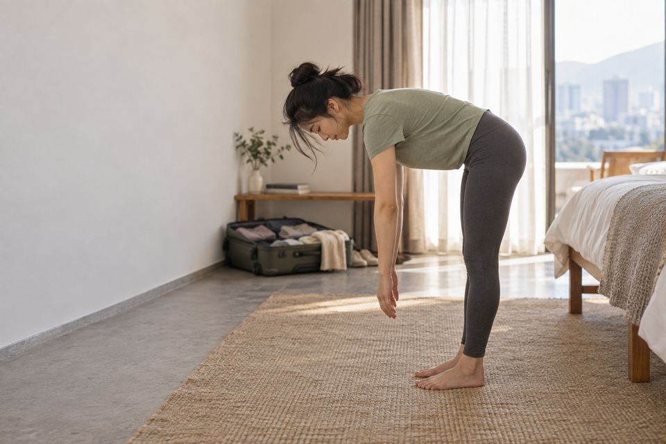 Woman stretching beside an open suitcase in a modest hotel room