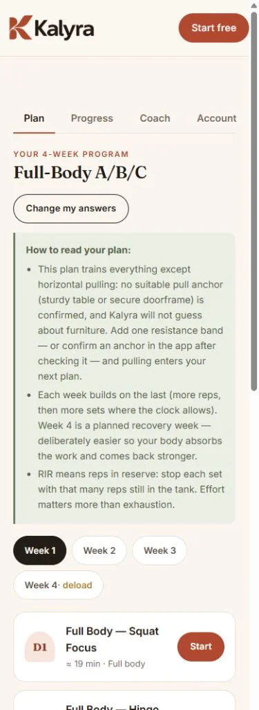 Actual Kalyra beta screen: a generated 4-week program with day-by-day sessions
